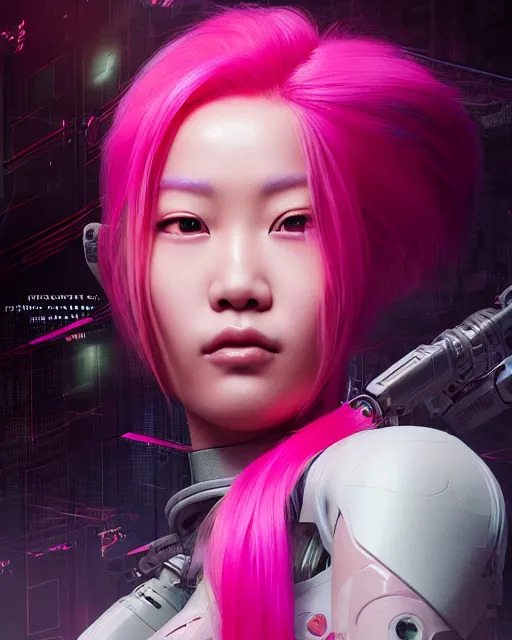 Image similar to portrait of a beautiful asian woman with pink hair as a cyberpunk cyborg half robot, sci - fi, missing panels, intricate abstract upper body intricate artwork, concept art, octane render, deviantart, cinematic, key art, hyperrealism, iridescent accents, portrait photograph, nikon 3 5 mm, photograph by greg rutkowski