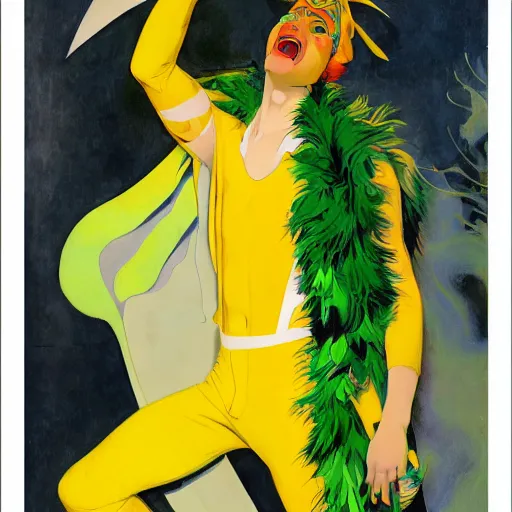 Prompt: art by joshua middleton, the yellow creeper, a tall manically smiling yellow - skinned man with green and black striped cycling shorts and wearing a long red feather boa, mucha, kandinsky, poster, comic art, stylised design