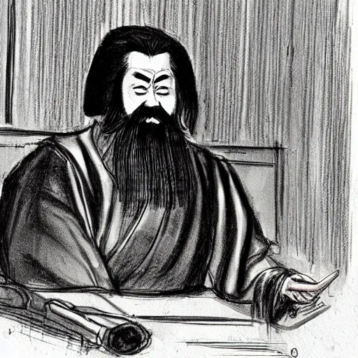 Prompt: Confucius in the american courtroom sketch