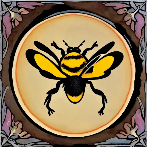 Image similar to a fierce dead bumblebee in the middle of a bloody bullseye, art nouveau