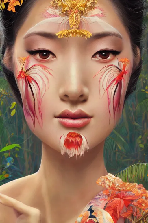 Image similar to stunningly beautiful, peruvian geisha prima ballerina in jungle, symmetrical face, golden hour, smooth, focus, highly detailed, hyper realistic, dramatic lighting, elegant, intricate, concept art, art by wlop, mars ravelo, greg rutowski, artstation