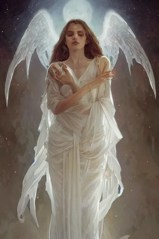 Image similar to Angels in white gauze dresses, the glow of the moonlight, fantasy, intricate, elegant, highly detailed, digital painting, artstation, concept art, matte, sharp focus, illustration, art by Artgerm and Greg Rutkowski and Alphonse Mucha