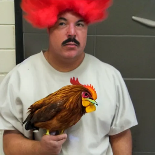 Prompt: inmate with a chicken head
