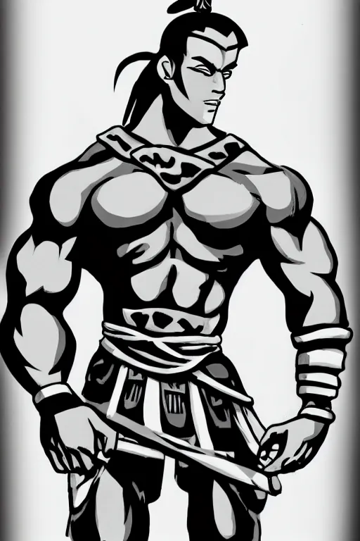 Prompt: Sokka of the Water Tribe, jacked body builder gigachad, greyscale 🎨🖌️