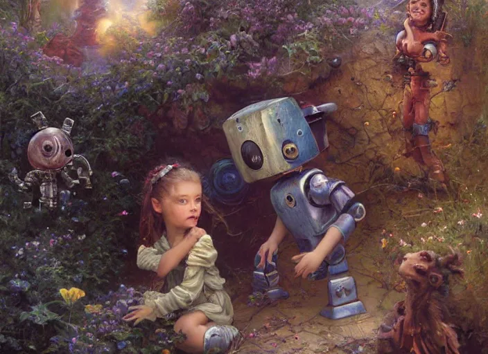 Image similar to a rusty broken down little robot, Lilia Alvarado, Sophie Anderson, Mark Arian, Bob Byerley, Charlie Bowater, Mark Brooks, Steve Henderson, Justin Gerard, Arthur Hughes, Edward Robert Hughes, Mark Keathley, Victor Nizovtsev, Carlos Shwabe, Ross Tran, WLOP