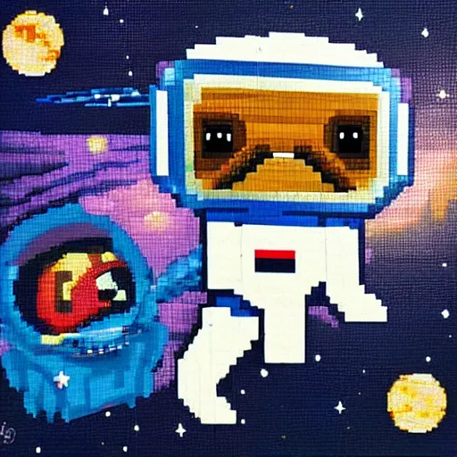 Image similar to pixel art, oil canvas, highly detailed, astronaut pug in space.