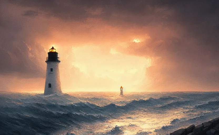 Image similar to painting of a lighthouse at sunset in a storm, natural light, concept art, by greg rutkowski, cozy atmospheric and cinematic lighting