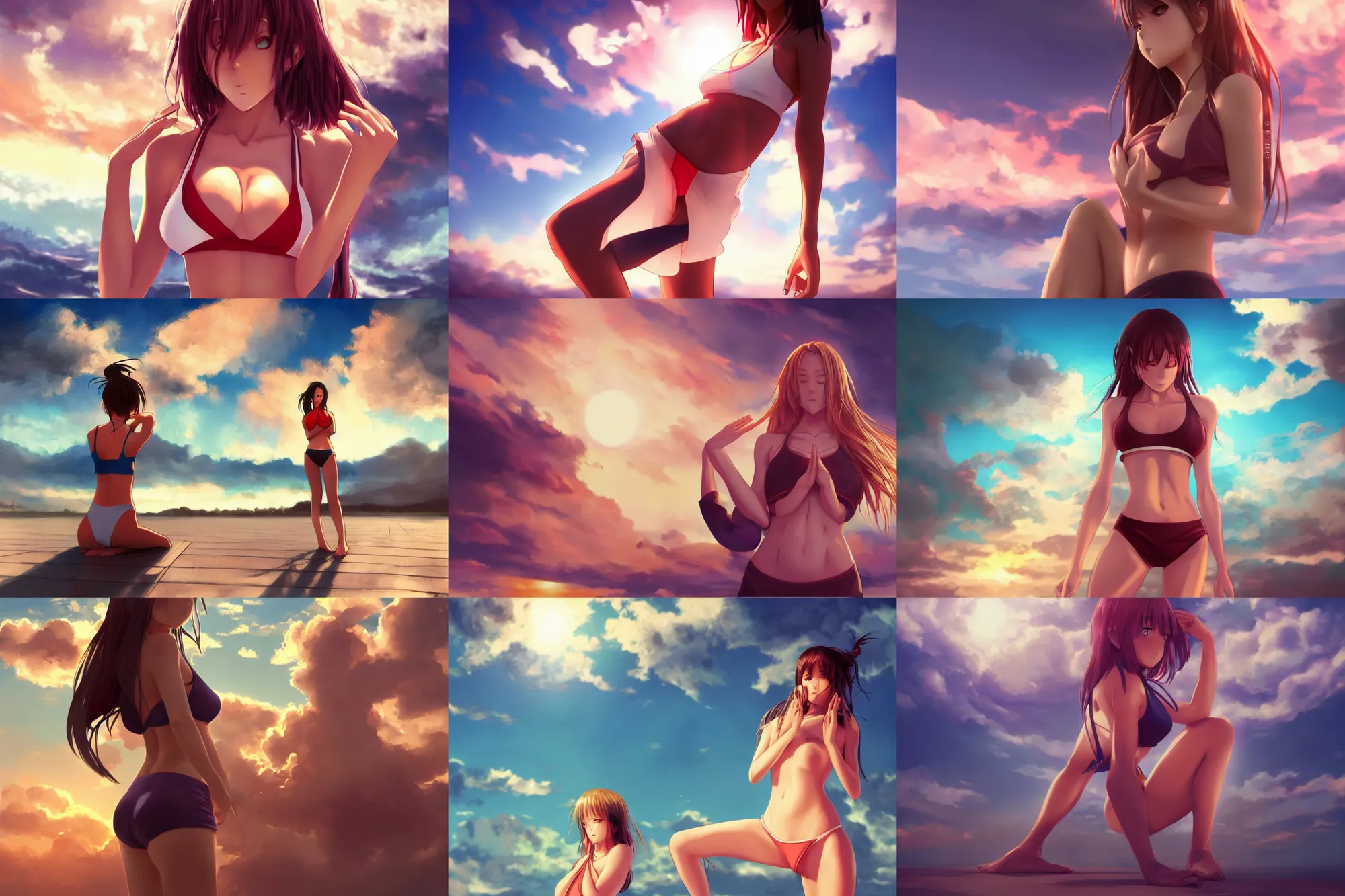 Prompt: front shot of one single beautiful anime yoga girl in torn bikini top, manga, digital art by wlop. artstation contest winner, cinematic paint. dramatic cloud in background. sunset