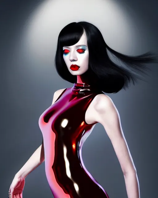 Prompt: a torso portrait of pale skin goth in shiny latex mini skirt and shiny latex tank top, very long curvy black hair explosion, red lips, pastel makeup, paint by ilya kuvshinov and ross tran and karol bak and stanley lau and anna dittmann and artgerm and xiaoguang sun and tian zi