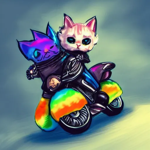 Image similar to wide angle full body, jacket wearing fluffy cute rainbow kitten wearing a black leather motorcycle jacket, riding on a motorcycle, cinematic concept art