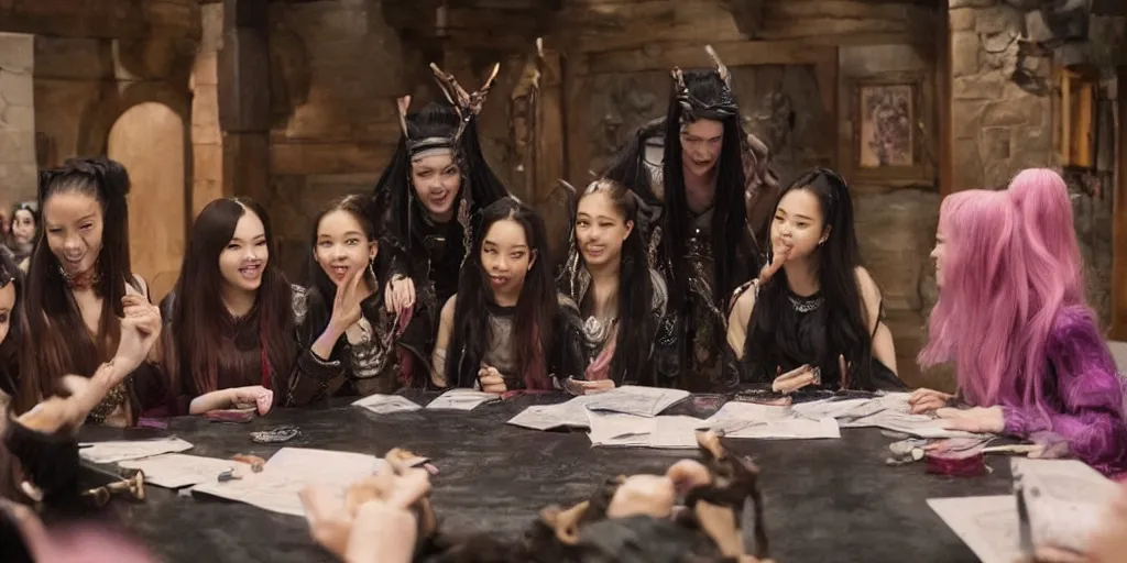 Prompt: Blackpink meeting the cast of Critical Role during a D&D session