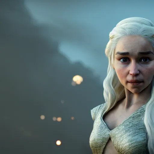 Image similar to Render of Daenerys Targaryen as a 3d Pixar character, golden hour, serene, mid-shot, medium shot, hyperdetailed, trending on Artstation, Unreal Engine 4k