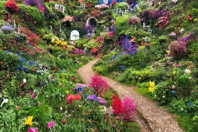 Prompt: outrageous flower garden next to a lush forest on a hill with tiny paths weaving everywhere and littl signposts marking the directions along the way, epic, beautiful light, highly detailed by beatrix potter, brian froud, amy brown, lisa frank