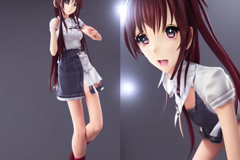 Prompt: still photo of an anime girl in a miniskirt, highly detailed, photorealistic portrait, bright studio setting, studio lighting, crisp quality and light reflections, unreal engine 5 quality render