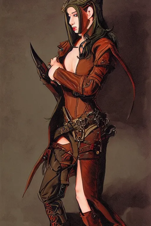 Image similar to Portrait of a beautiful female Half-Elf Rogue in high heeled leather boots in the style of Gerald Brom