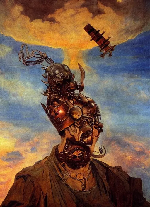 Image similar to biblical mechanical daemon sitting slayed, in clouds over a city, sunset, big eyes, portrait by mikhail vrubel, studio lighting, muted colors, by frank frazetta, extreme detail, reflections, trending on artstation, 8 k