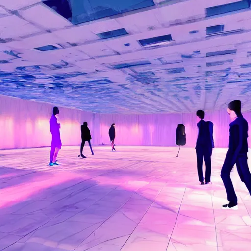 Image similar to vaporwave, people communicating with each other in groups of ten, a large hall, dim painterly lighting volumetric aquatics, party