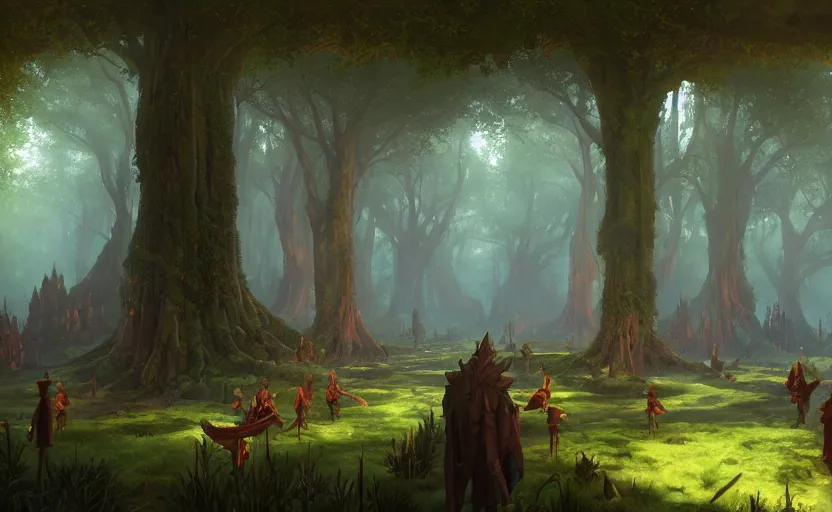 Prompt: magic forest with mage elves, matte painting by christophe vacher and marc simonetti.