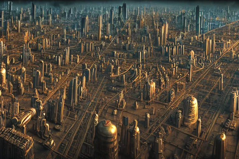 Image similar to an elaborate penned illustration of a apocalyptic intricate connected city of tubes and pipes, by jan van haasteren and jheronimus bosch, unreal engine, physically based rendering, ariel view, tilt - shift, grim, moody, cinematic