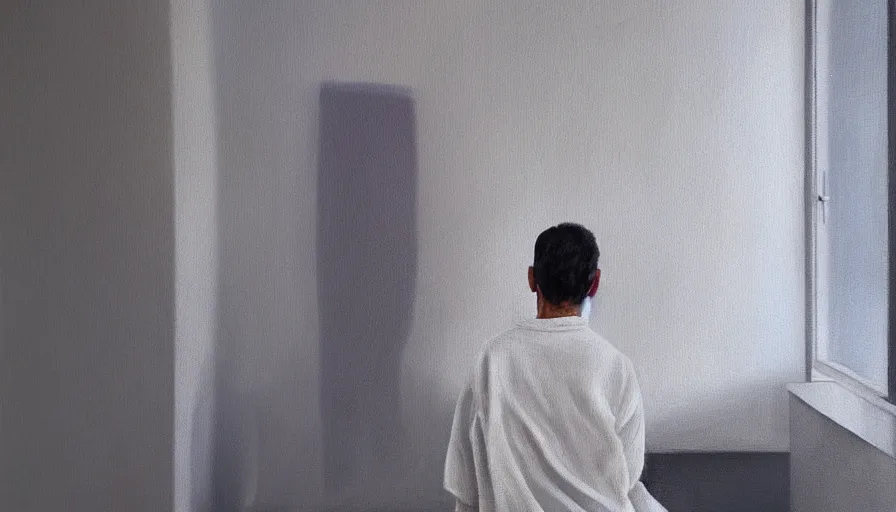 Prompt: a lonely sad man with wrinkles in white clothes sits in a clean white empty apartment and stares into the distance, photorealistic painting