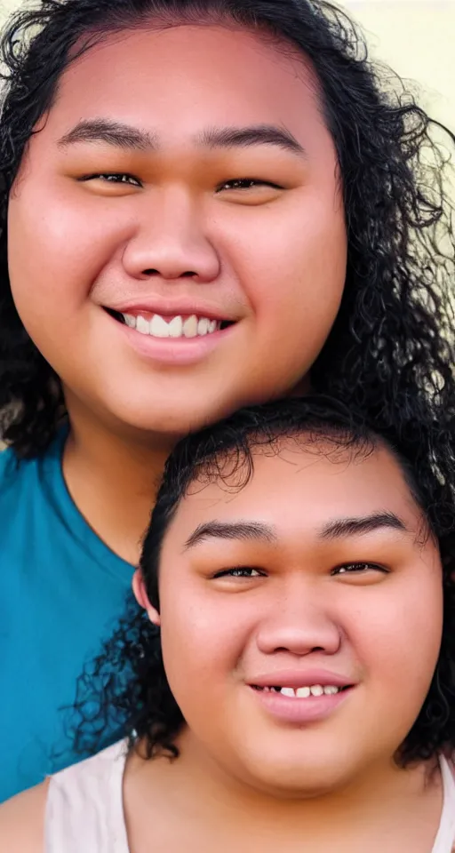 Image similar to close up photograph of a fat filipino teenage man smiling with crooked teeth, a curly perm, small studded earings, 4 k, photorealistic, high detail by annie leibovitz