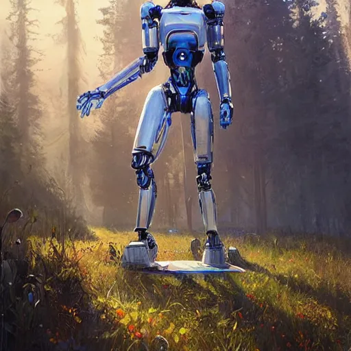 Prompt: epic cinematic hyperrealism masterpiece where an ecological robot appears. realistic poster with shaded lighting by craig mallismo, artgerm, jeremy lipkin and michael garmash, unreal engine, radiant light, detailed and complex environment, digital art, art station trends