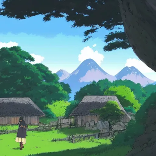Image similar to landscape anime, studio Ghibli, village, trees, dogs and mountains