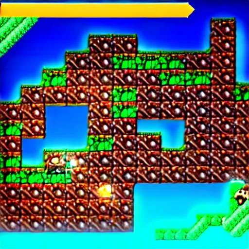 Prompt: Donkey Kong Country level depicting a beautiful mine with shiny crystals on the wall, floating barrels and minecarts. In-game screenshot