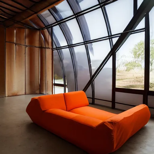 Prompt: wide angle photo inside a fabric house. The walls and ceiling are billowing translucent deep orange fabric. The room is finished with contemporary furniture by the campana brothers. The wind is blowing. The space glows with natural light. The fabric is held by thin steel and wood structure.