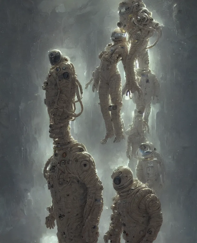Image similar to realistic photography of a flesh totem of astronauts wearing dirty and moldy space suits, deep focus, intricate, elegant, highly detailed, foggy, misterious, digital painting, artstation, concept art, matte, sharp focus, illustration, art by artgerm and greg rutkowski and alphonse mucha