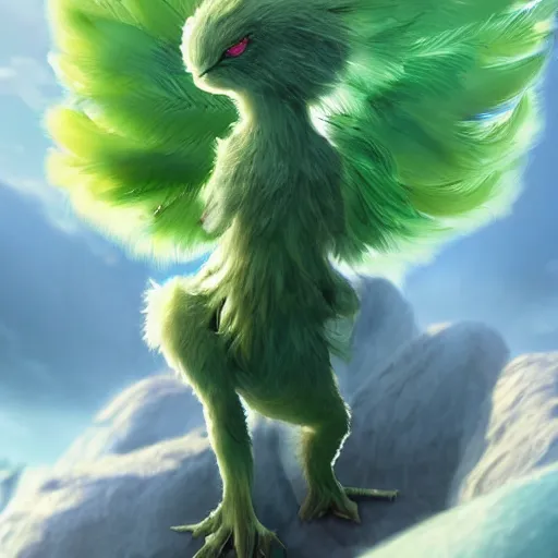 Image similar to a cute beautiful earth type pokemon, green feathers bursting out of his hair, full body shot, highly detailed digital art, 3 d perspective, award - winning illustration, aesthetic, smooth, pokemon style, made by greg rutkowski, with an alien landscape in the background