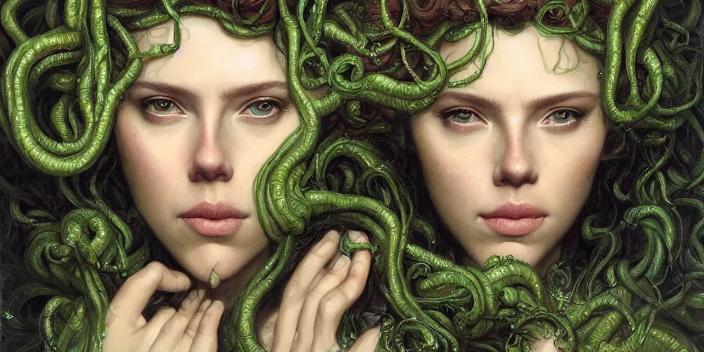 Image similar to epic masterpiece portrait of medusa played by scarlett johansson, followed by head with many souls, beautiful face and flawless skin, perfect hands, emeralds by Edgar Maxence and Ross Tran and Michael Whelan