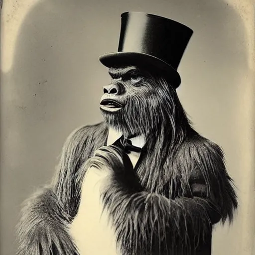 Image similar to a vintage wet plate portrait of a dignified bigfoot with a top hat and cane, extremely detailed, by angus mcbean!!!!!!!!!!!!!!!!!!