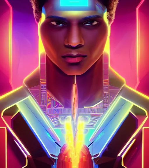 Image similar to symmetry!! egyptian prince of technology, solid cube of light, hard edges, product render retro - futuristic poster scifi, lasers and neon circuits, brown skin man egyptian prince, intricate, elegant, highly detailed, digital painting, artstation, concept art, smooth, sharp focus, illustration, dreamlike, art by artgerm