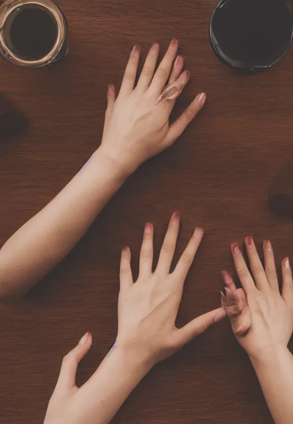 Image similar to photorealistic woman's hand with palm up lies on the table, palm pattern visible, pov photo, instagram photo, studio photo, 9 0 mm, f / 1. 4