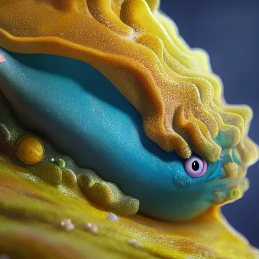 Prompt: close-up of a sea slug looking like fantasy characters with faces in its habitat, trending on artstation