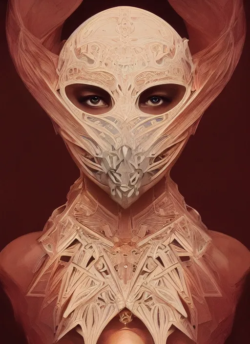 Image similar to symmetry!! masks, machine parts embedded into face, intricate, elegant, highly detailed, digital painting, artstation, concept art, smooth, sharp focus, illustration, art by artgerm and greg rutkowski and alphonse mucha, 8 k