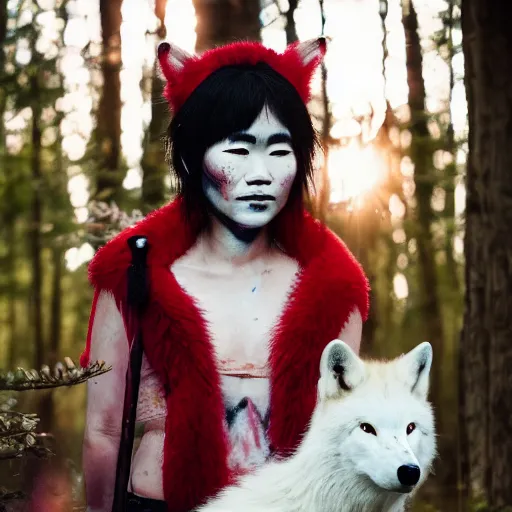 Image similar to Princess Mononoke as a real person, asian woman with red facepaint, determined expression, looking at the camera, standing next to a white wolf, in a forest, telephoto, backlit, 85mm lens, f1.8, highly detailed