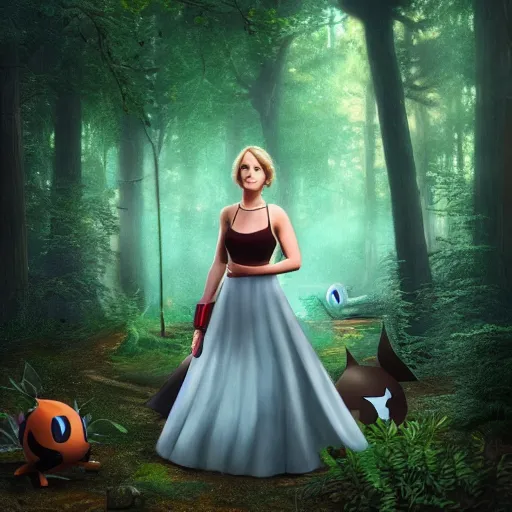 Image similar to jennifer lawrence as a pokemon trainer, in a dark forest, extremely detailed digital art, trending on artstation hyper realistic matte painting