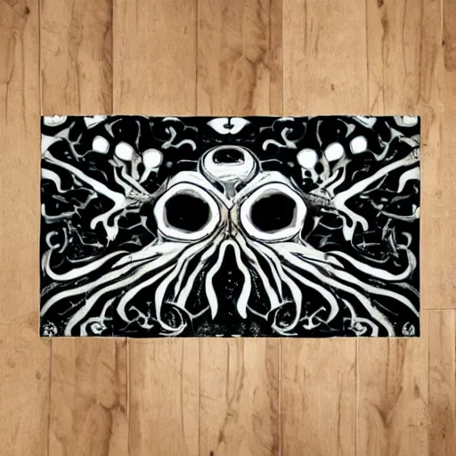 Prompt: very angry squid, 🦑 floor tile design, black and white tile, mad cuttlefish
