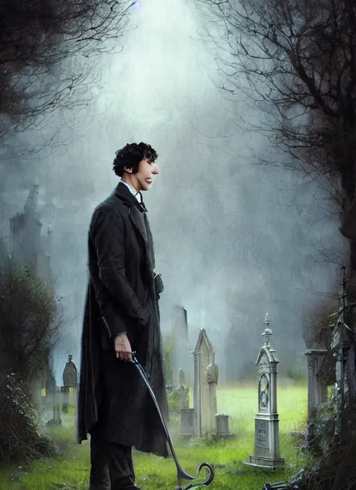 Image similar to sherlock holmes standing in a graveyard, soft colours, detailed, digital art, hd, by tom bagshaw, by fintan magee, by raymond swanland, by sherree valentine daines