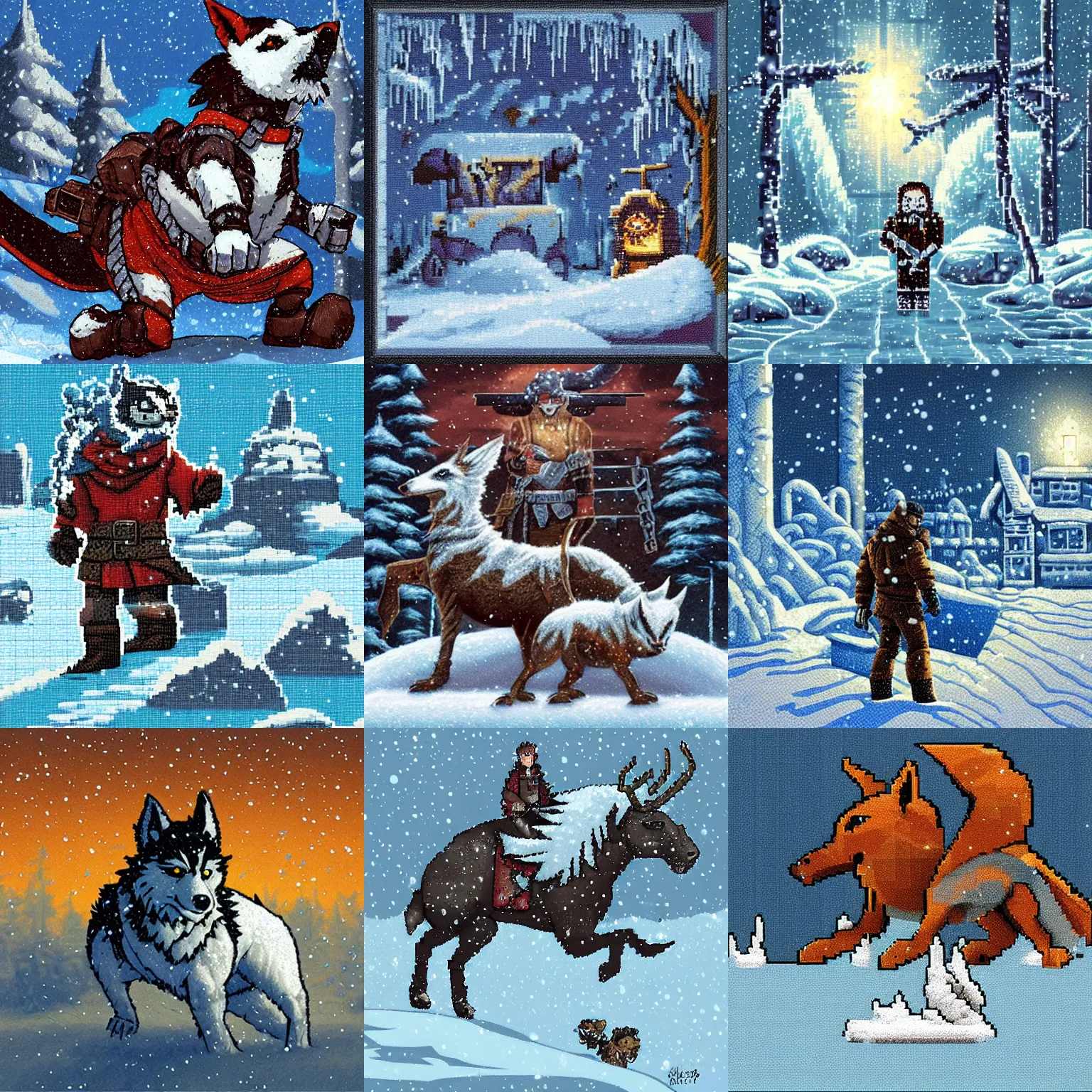 Prompt: bandit in a snow, pixel art, falling snow, theme :'icewind dale ', artist :'justin sweet'and'kristy glas ', aseprite