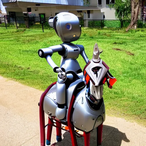 Prompt: a robot girl riding a mechanical horse