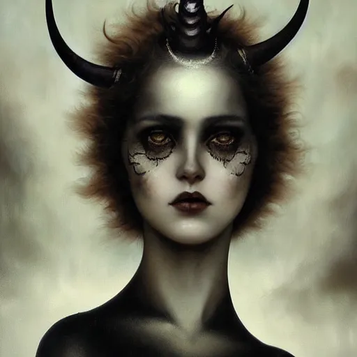 Prompt: By Tom Bagshaw, ultra realist soft painting of zynoid curiosities by night, very beautiful horned single dollpunk gothic fully dressed, symmetry accurate features, very intricate details, ominous sky, black and white, volumetric light clouds