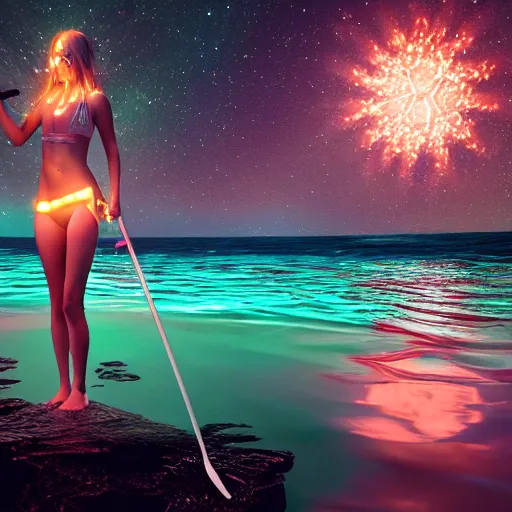 Prompt: bikini anime girl bioluminescent paddleboarding at night by highway man painting, stars, galaxies, photorealistic, high resolution, vray, hdr, hyper detailed, insane details, intricate, elite, ornate, elegant, luxury, dramatic lighting, octane render, weta digital, micro details, 3 d sculpture