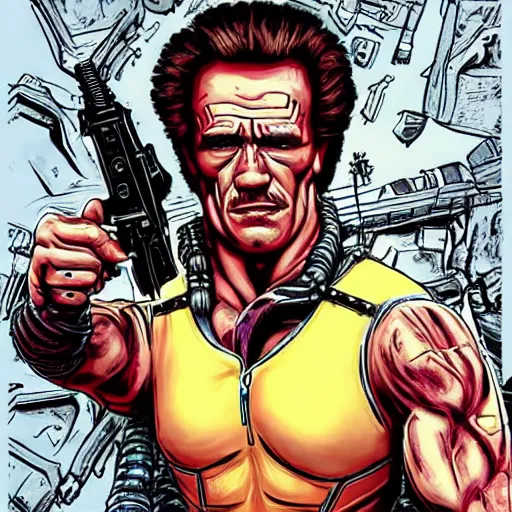 Image similar to psionic Arnold Schwarzenegger, post-apocalyptic, mad max style, Total Recall style