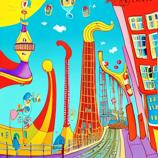 Image similar to fanciful city filled with curvy buildings, by dr seuss, towers, platforms, arches, bridges, stairs, colorful kids book illustration