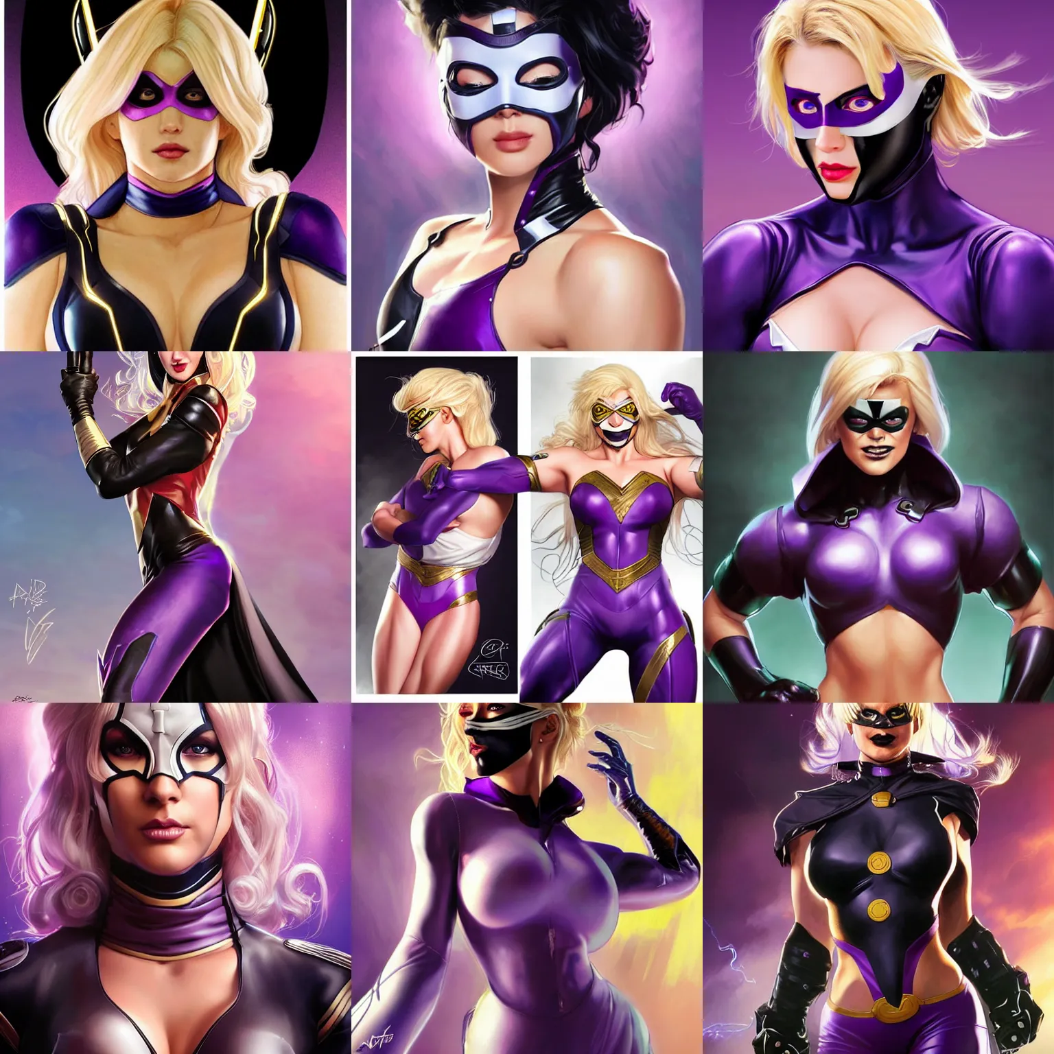 Prompt: character concept portrait, head-on centralized, super-hero girl, domino mask, blond, black and violet costume. Detailed, high quality, dynamic lightning, fantasy. Artwork by Artgerm, WLOP, Alex Ross, Greg Rutknowski, Alphonse Mucha