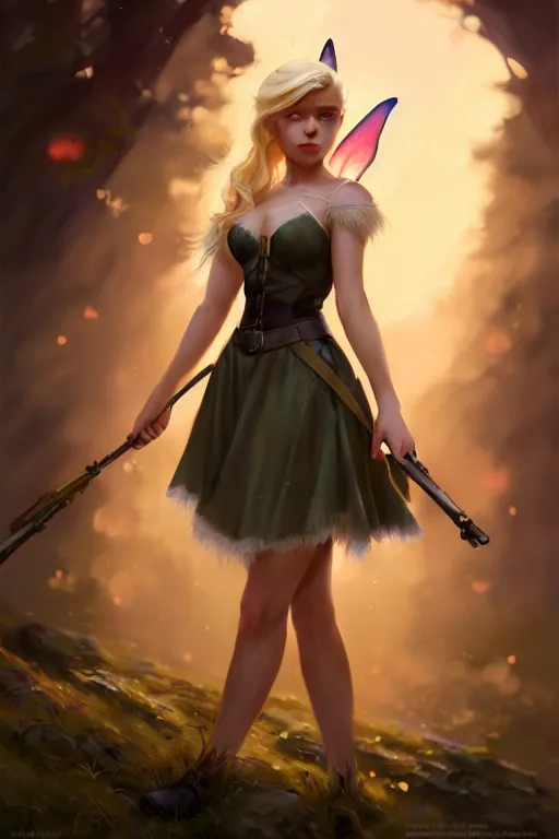 Image similar to cinematic shot of an epic portrait of a cute blonde fairy dressed in military clothes, stylised military clothes, shiny skin, beautiful eyes, beautiful, small details, night setting, realistic poster with volumetric light from craig mallism, artgerm, jeremy lipkin and michael garmash, unreal engine, radiant light, digital art, trends at art station, a masterpiece