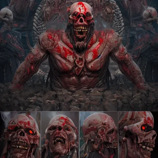 Image similar to blood for the blood god skulls for the skull throne, au naturel, hyper detailed, digital art, trending in artstation, cinematic lighting, studio quality, smooth render, unreal engine 5 rendered, octane rendered, art style by klimt and nixeu and ian sprigger and wlop and krenz cushart